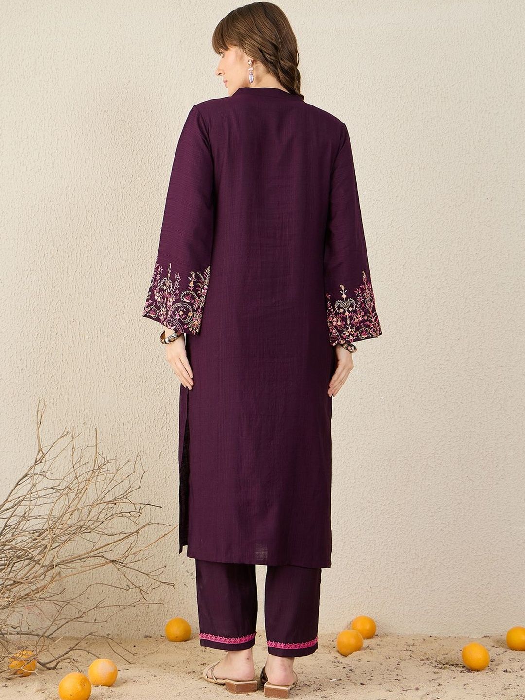 Floral Embroidered Mandarin Collar Thread Work Straight Kurta & Trousers