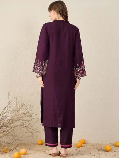 Floral Embroidered Mandarin Collar Thread Work Straight Kurta & Trousers