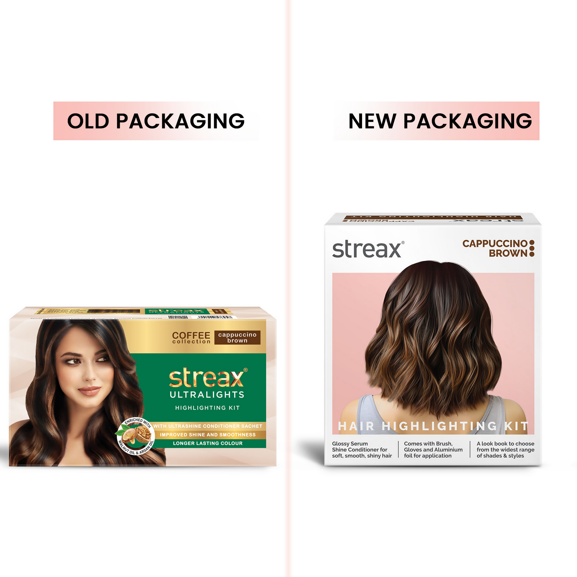 Streax Professional Cappuccino Brown hair color highlighting kit with highlighting tools and product packaging.