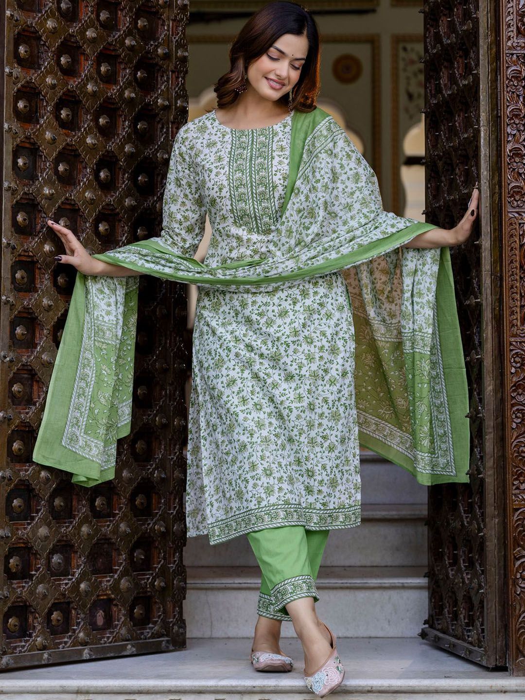 Floral Printed Pure Cotton Straight Kurta With Trouser And Dupatta