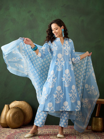Indyancart SN Women's Blue Floral Printed Mandarin Collar Pure Cotton Kurta With Trouser & Dupatta
