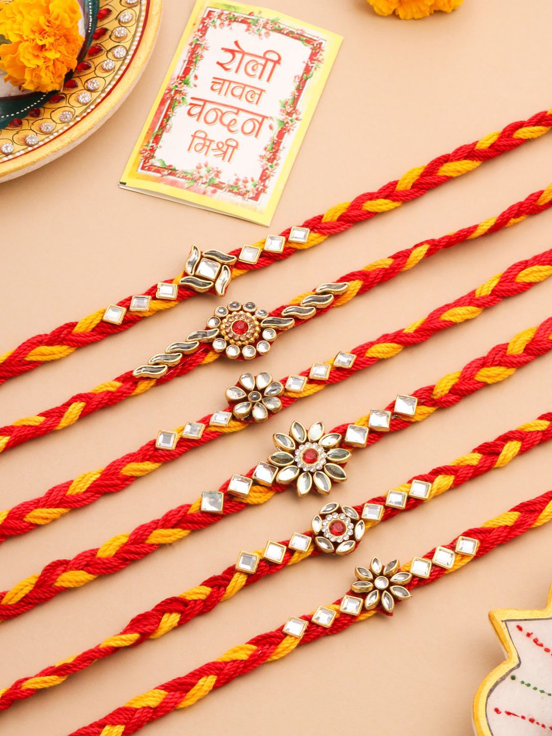 Anouk Set Of 6 Kundan Studded Floral Thread Rakhis With Roli Chawal Chandan & Mishri