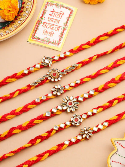 Anouk Set Of 6 Kundan Studded Floral Thread Rakhis With Roli Chawal Chandan & Mishri