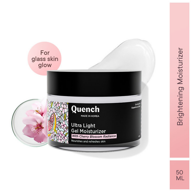 Quench Ultra Light Gel Moisturizer with 2% Niacinamide and cherry blossom for brightening, shown in a clear jar with smooth gel texture.