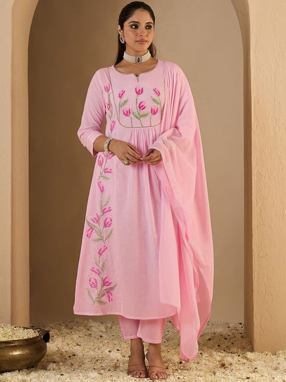 Women Floral Embroidered Panelled Thread Work Pure Cotton Kurta with Trousers & With Dupatta