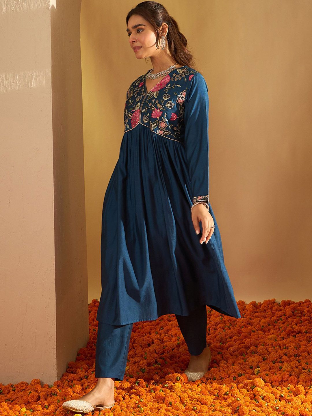 Indyancart IE Floral Embroidered Three-Quarter Sleeves Liva Tunic With Trouser