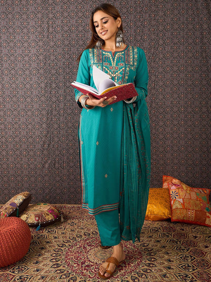 Women Embroidered Straight Kurta Trousers With Dupatta Set