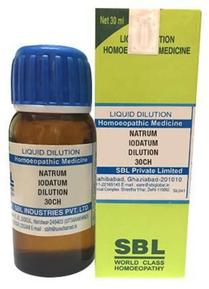 SBL Homeopathy Natrum Iodatum Dilution bottle, a wellness remedy in a glass container with a white label and dropper cap