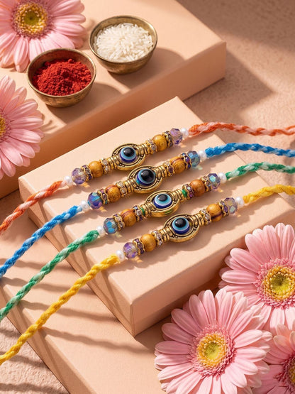 Anouk Set Of 4 Multicolor Evil Eye Thread Rakhi With Roli Chawal Chandan Mishri