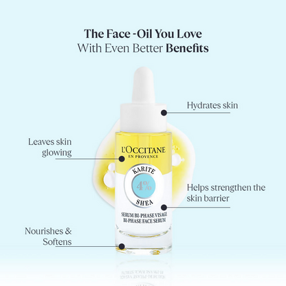 L'Occitane Shea Face Oil with nourishing shea butter, featuring a clear glass bottle and dropper for hydrating skin care.