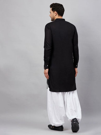 Men's Black Cotton Linen Pathani Pathani Kurta Set