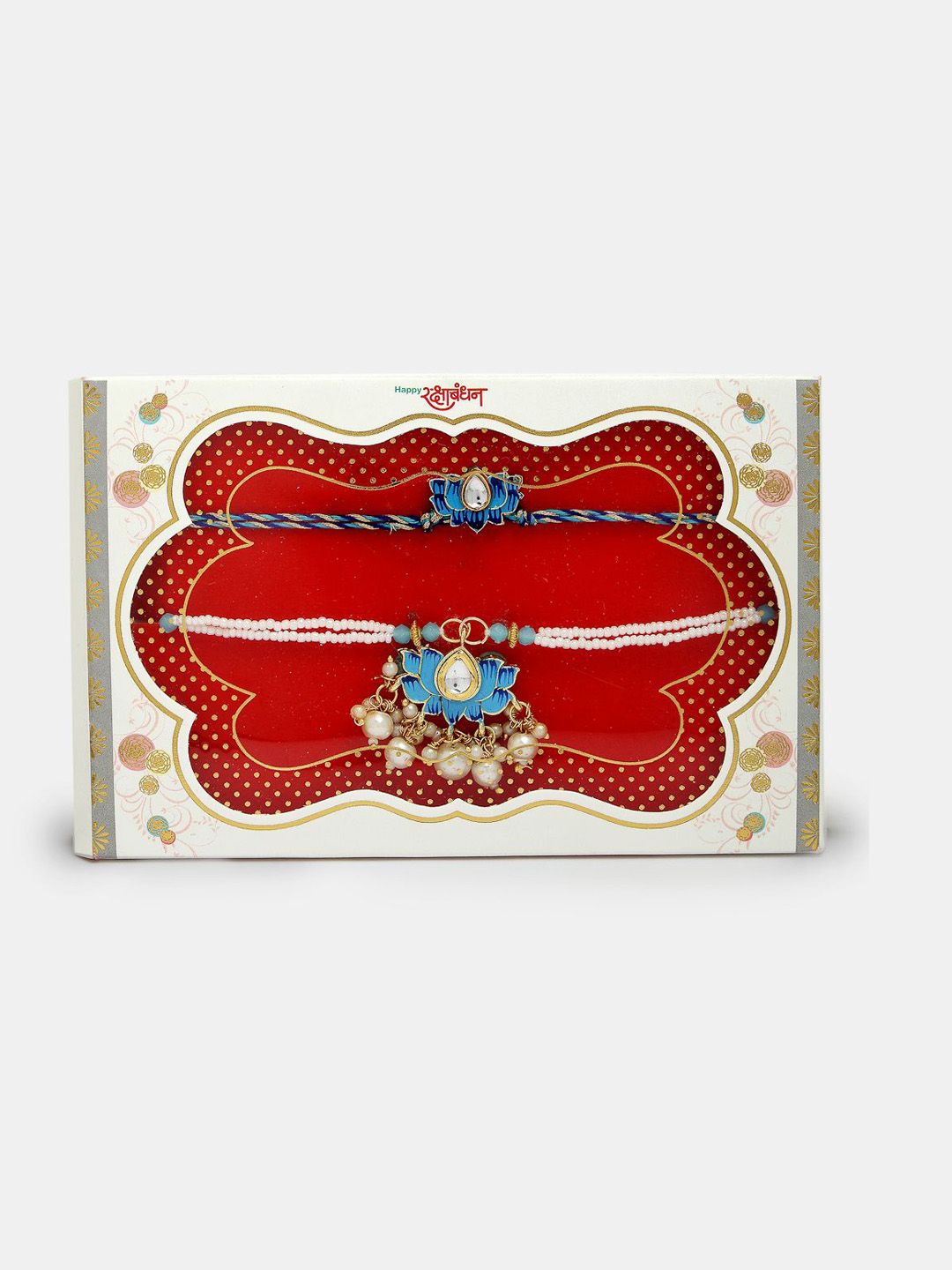 Anouk Unisex Set Of 2 Blue Lotus Shape Kundan-Studded & Beaded Wraparound Rakhi Set