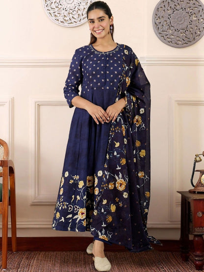 Women Floral Printed Panelled Thread Work Pure Cotton Kurta with Trousers & With Dupatta
