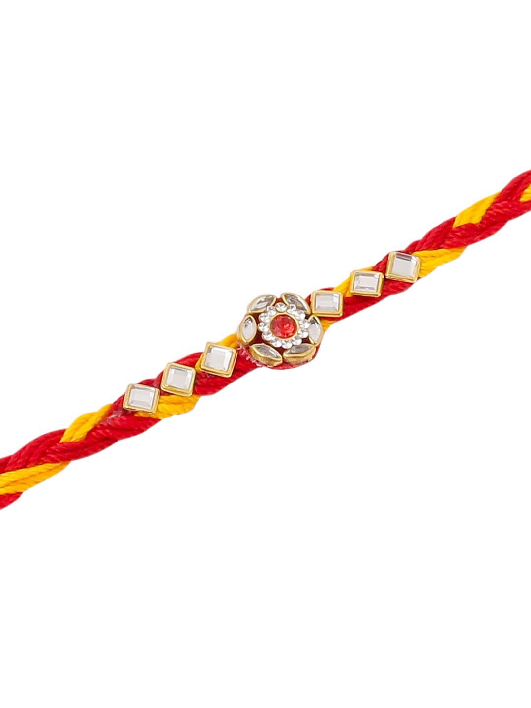 Anouk Men Set Of 3 Red & Yellow Kundan Studded Floral Design Thread Rakhi With Roli Chawal