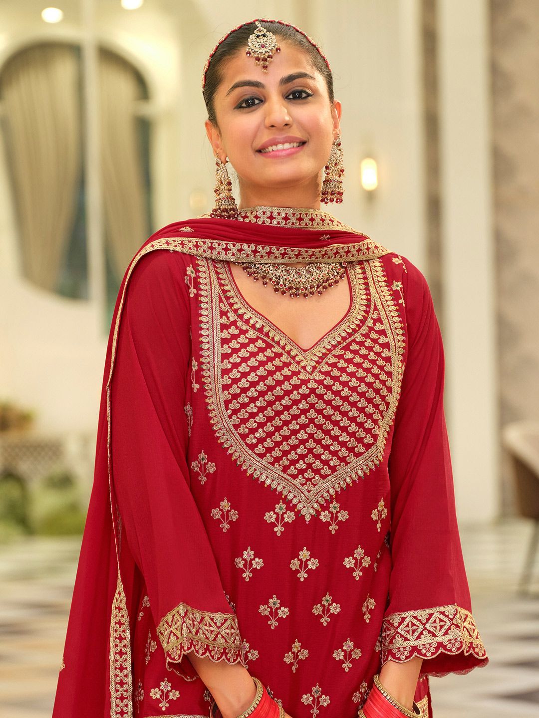 Ethnic Motifs Embroidered Kurta With Palazzos & Dupatta
