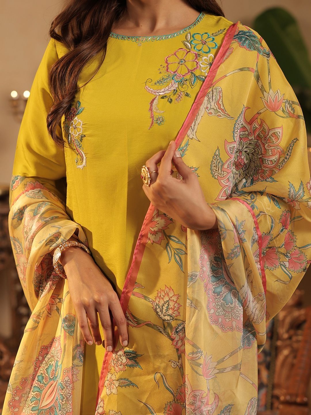 Floral Embroidered Straight Kurta With Trousers & Dupatta
