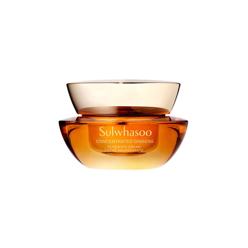 Sulwhasoo Concentrated Ginseng Renewing Cream in a jar, showcasing the luxurious face cream with a smooth, rich texture.