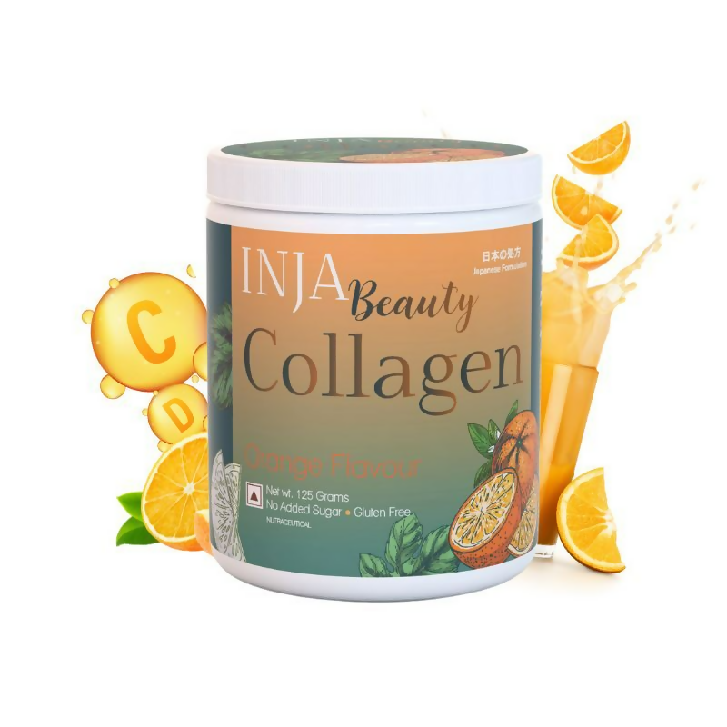 Inja Beauty Collagen skin supplement with biotin, vitamin C, glutathione, and orange flavor, showing a bottle surrounded by oranges.