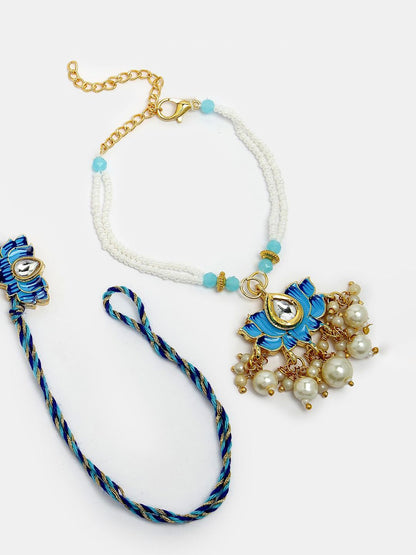 Anouk Unisex Set Of 2 Blue Lotus Shape Kundan-Studded & Beaded Wraparound Rakhi Set