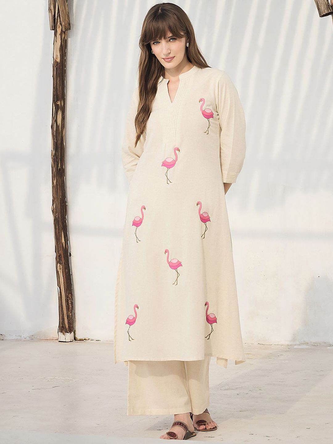 Indyancart IE Floral Printed Pure Cotton Mandarin Collar Tunic With Trousers