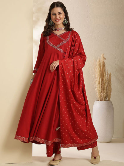 Indyancart SN Women's Embroidered V-Neck Anarkali Kurta With Trouser & Dupatta