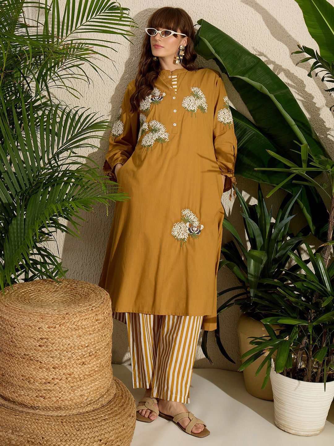 Adults-Women Woven Design Embroidered Cotton Kurta with Trousers