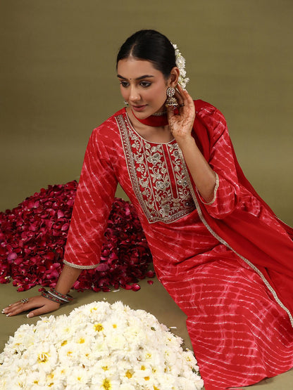Dhiyona IE Women Leheriya Embroidered Regular Thread Work Kurta with Palazzos & With Dupatta
