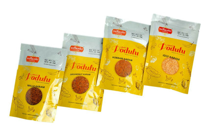 Vellanki Foods chutney powders 4-pack combo with Nalla Karam, Idli Karam, Kobbari Karam, and Palli Karam in 250g packs.