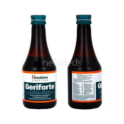 Himalaya Herbals Geriforte Syrup 200ml bottle with herbal ingredients, Ayurvedic wellness supplement in a clear plastic bottle