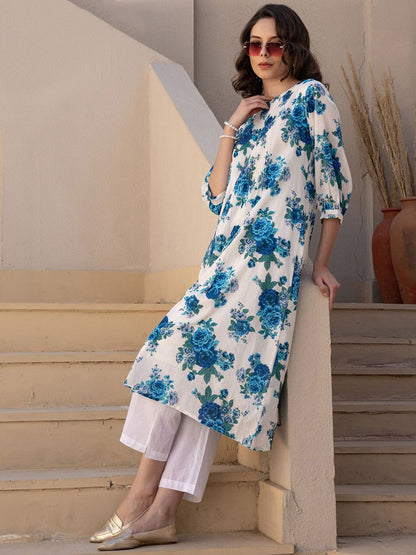 Women Floral Printed Beads and Stones Kurta with Trousers