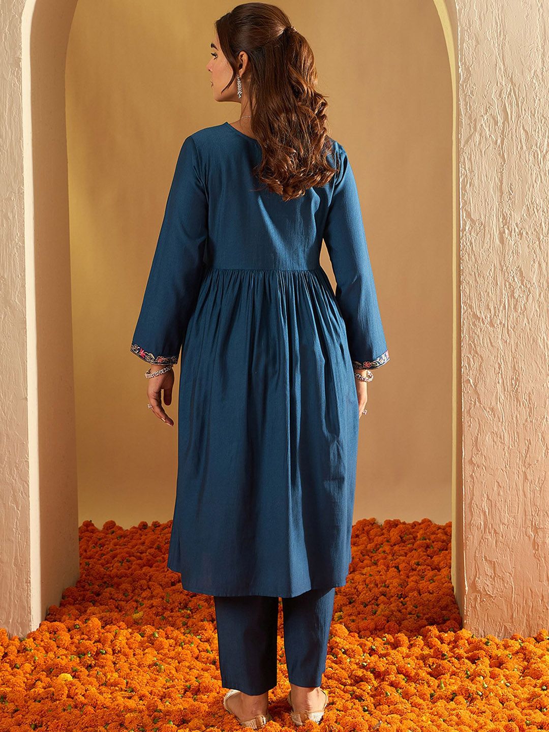Indyancart IE Floral Embroidered Three-Quarter Sleeves Liva Tunic With Trouser