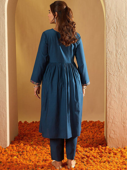 Indyancart IE Floral Embroidered Three-Quarter Sleeves Liva Tunic With Trouser