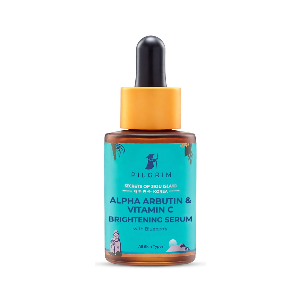 Pilgrim brightening face serum with 2% alpha arbutin and 3% vitamin C for glowing skin, Korean skincare product in a dropper bottle