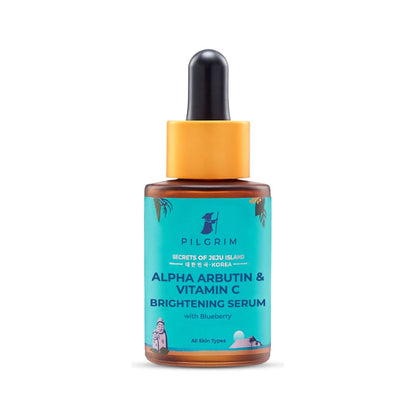 Pilgrim brightening face serum with 2% alpha arbutin and 3% vitamin C for glowing skin, Korean skincare product in a dropper bottle