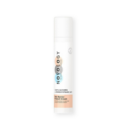 Novology Skin Barrier Moisturiser for dry skin in a white jar with a blue label, showing the product's packaging and texture.
