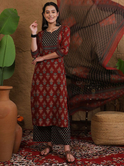 Indyancart SN Women's Printed Pure Cotton Round Neck Straight Kurta & Palazzo With Dupatta