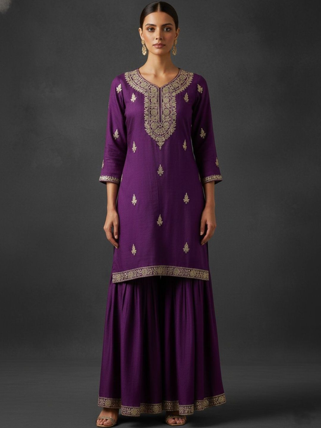 Indyancart VA Women Ethnic Motifs Embroidered Regular Thread Work Kurta with Sharara & With Dupatta