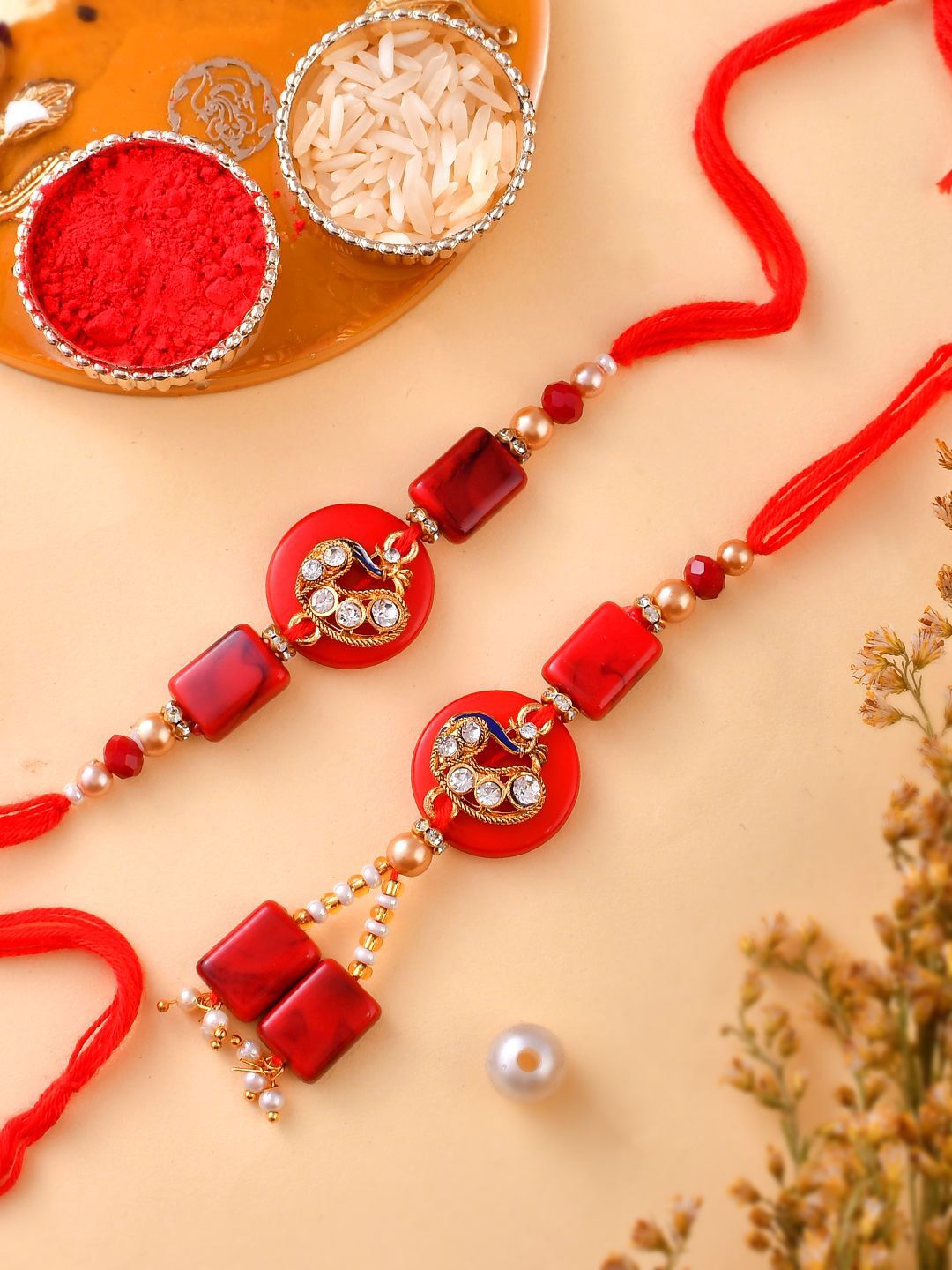 Anouk Gold-Toned Set Of 2 Stones Studded & Beaded Thread Rakhis With Roli Chawal