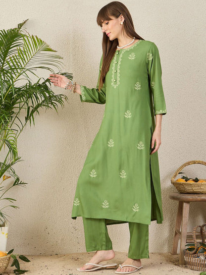 Indyancart IE Embroidered Notch Neck Tunic With Trouser