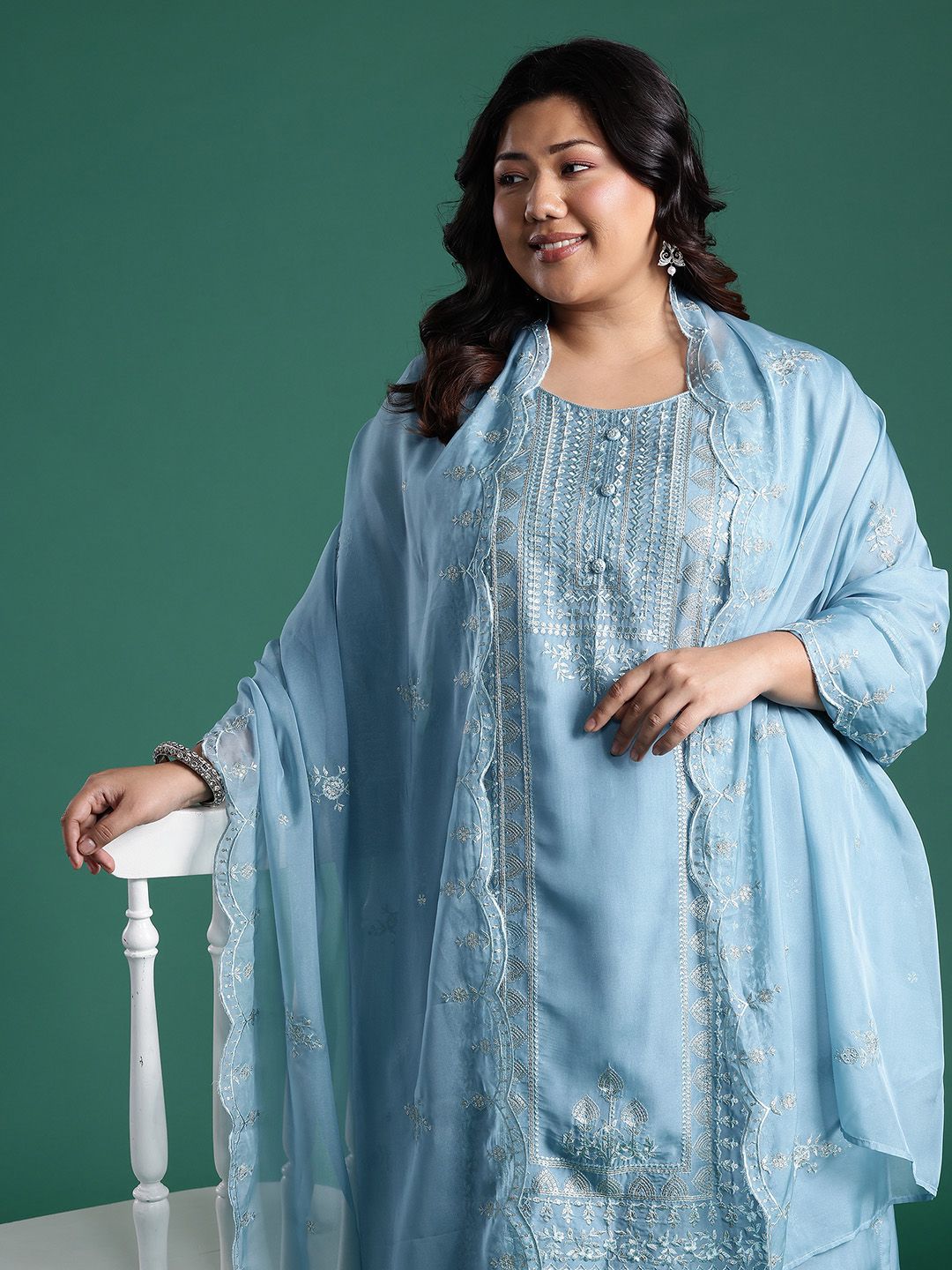 Indyancart Women's Embroidered Sequinned Kurta With Trousers & Dupatta