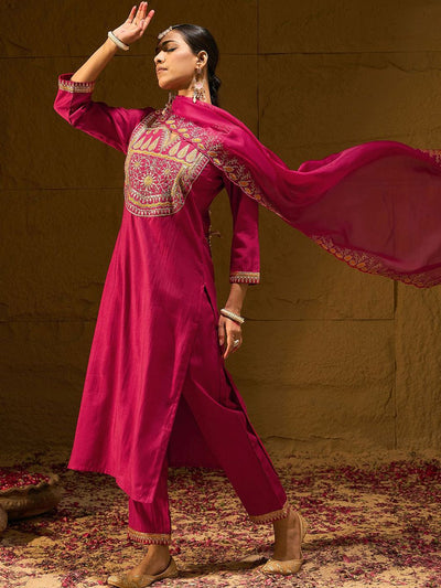 Indyancart IE Ethnic Motifs Embroidered Sequinned Liva Straight Kurta With Trousers & Dupatta