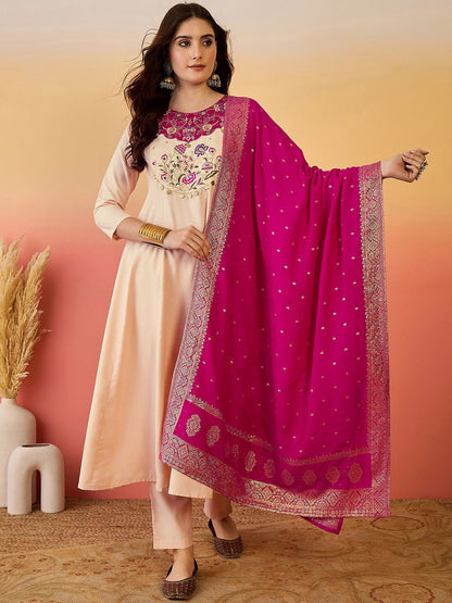 Indyancart SN Women's Floral Yoke Design Panelled Thread Work A-Line Kurta With Trouser And Dupatta