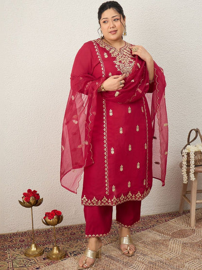 Indyancart Women's Ethnic Motifs Embroidered Regular Kurta with Trousers & With Dupatta