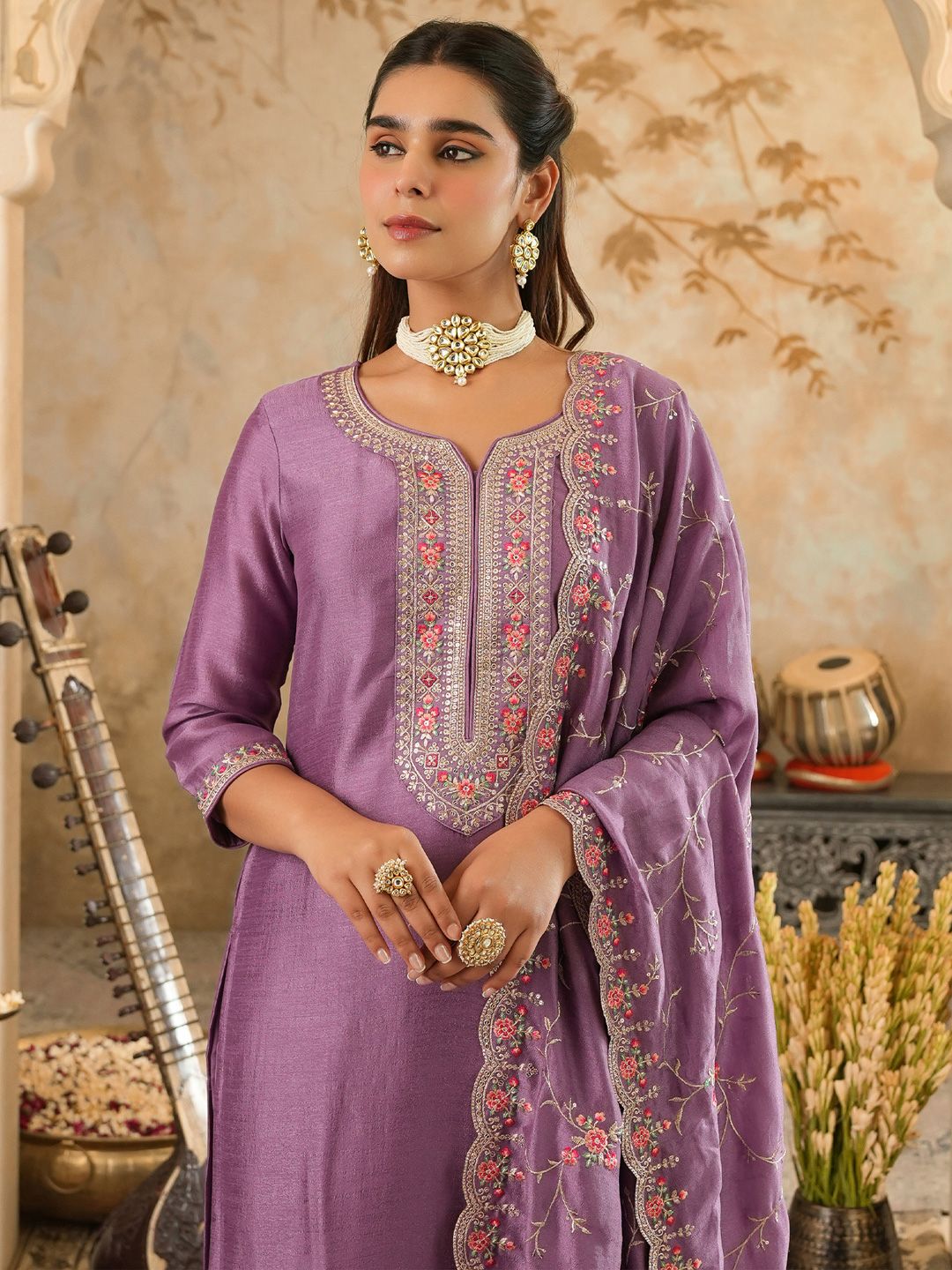 Women Floral Embroidered Kurta with Trousers & Dupatta