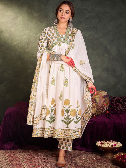 Indyancart IE Floral Printed Empire V-Neck Pure Cotton A-Line Kurta With Trousers And Dupatta