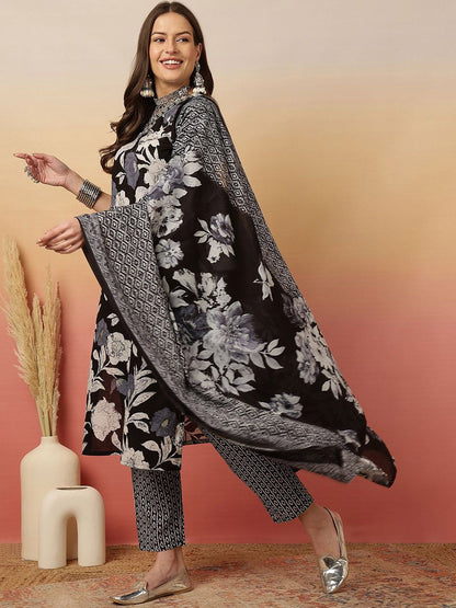 Indyancart SN Women's Floral Printed Adda Work Cotton Kurta With Trouser & Dupatta