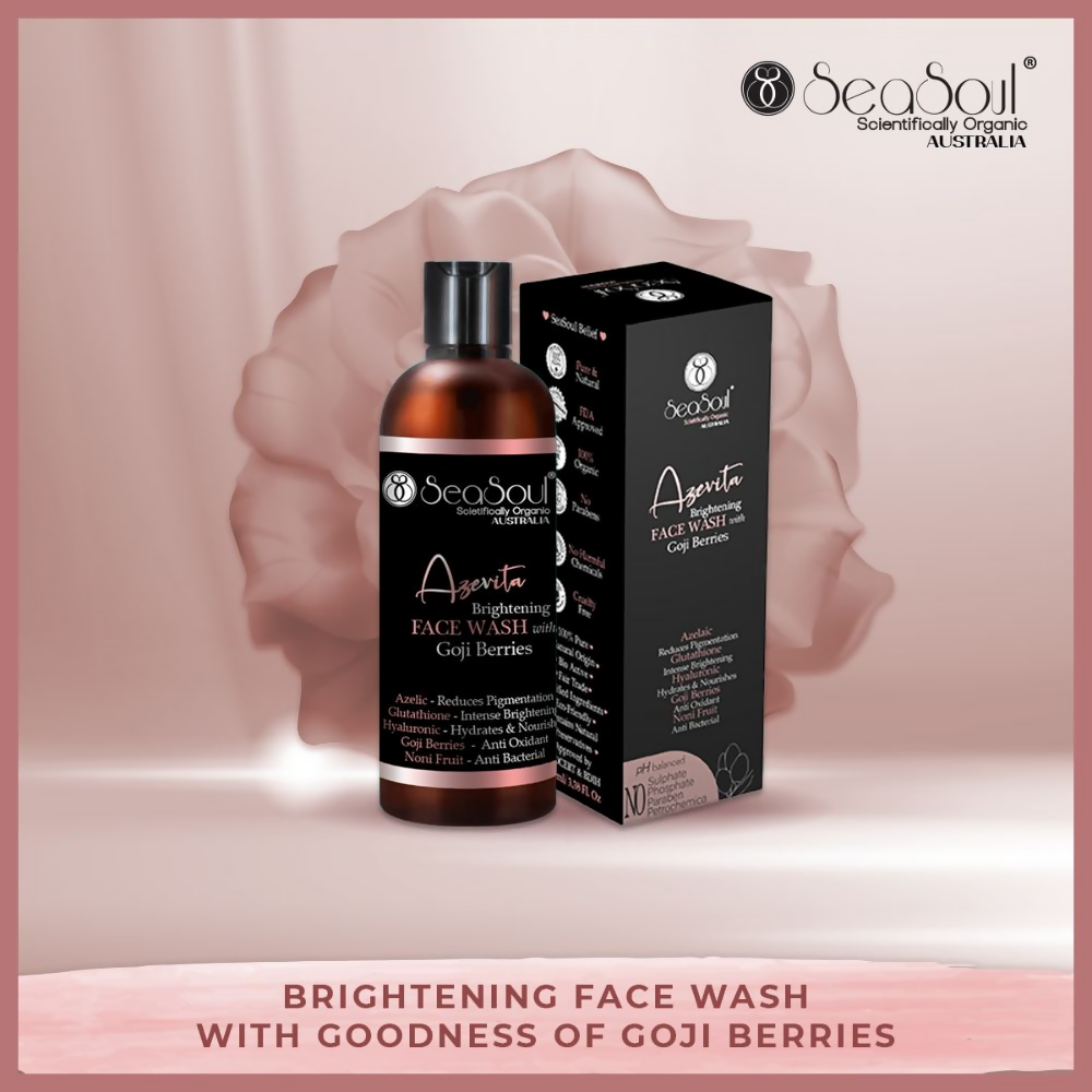 SeaSoul Azevita face wash for brightening facial skin, gentle cleanser for skin and personal care, clear gel texture visible in the image.