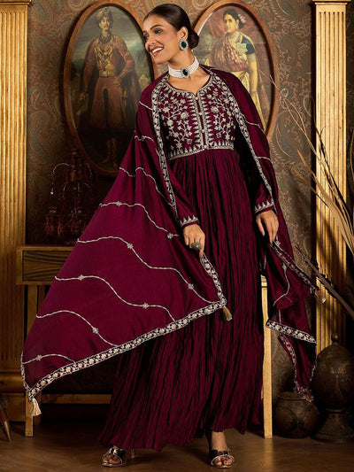 Dhiyona IE Floral Zari Embroidered Pleated A-Line Kurta with Trouser & Dupatta