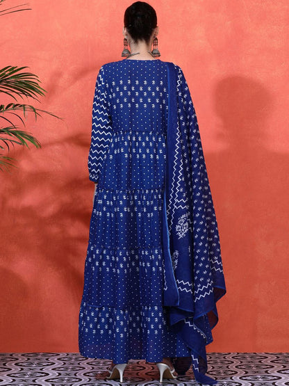 Indyancart SN Women's Floral Printed Pure Cotton A-Line Kurta & Trousers With Dupatta