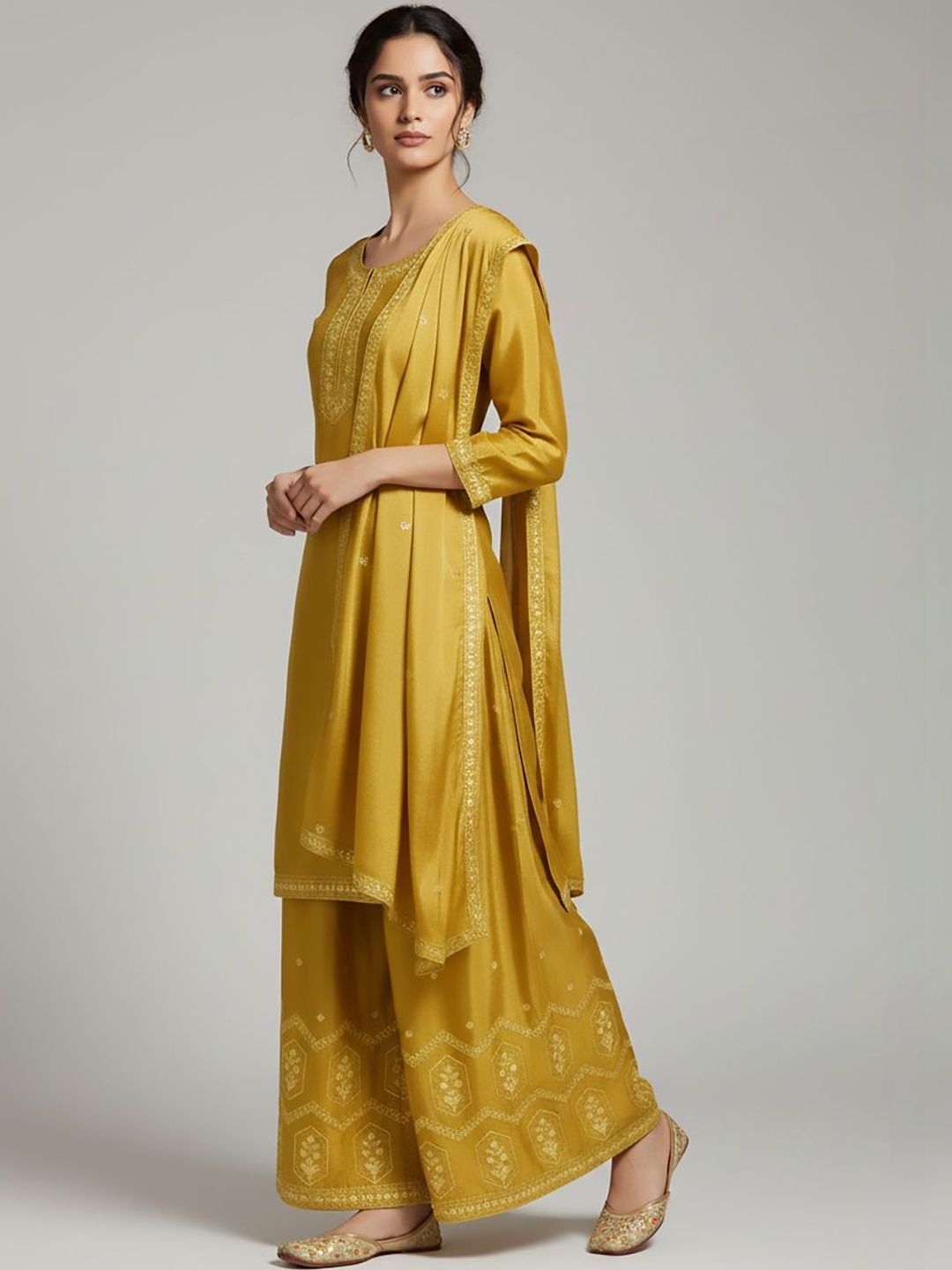 Indyancart VA Women Ethnic Motifs Embroidered Regular Thread Work Silk Crepe Kurta with Palazzos & With Dupatta